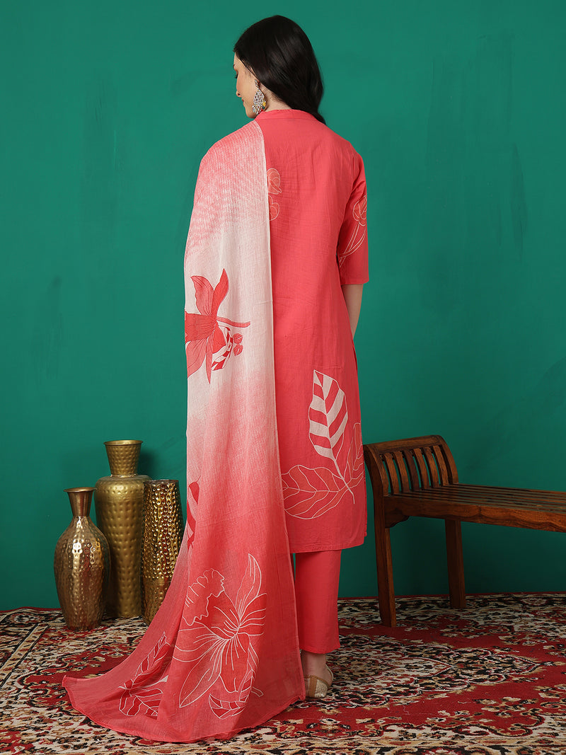 ANAISA Women Cotton Placement Print Straight Kurta with Trouser & Dupatta