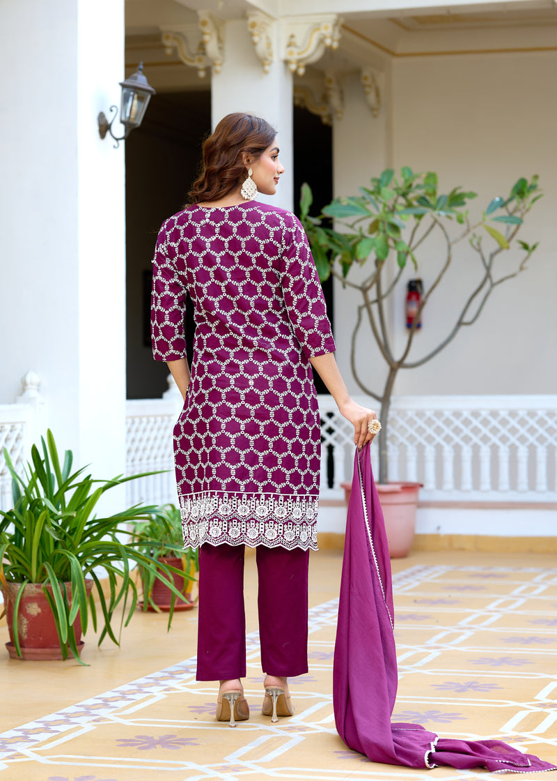 ANAISA Women cotton Schiffli embroidered Kurta with Trouser & Dupatta