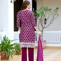 ANAISA Women cotton Schiffli embroidered Kurta with Trouser & Dupatta