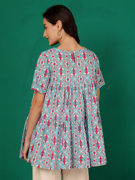 ANAISA Women Cotton Printed Sky blue & Pink Fit and Flare Summer Top