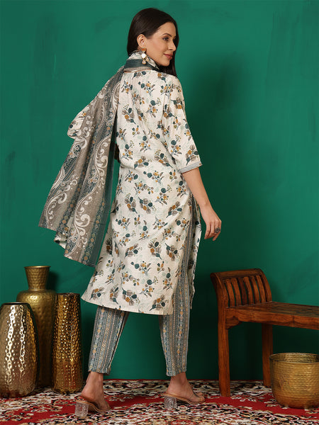 Women Green Floral Printed Yoke Embroidery Kurta with Trouser & Dupatta