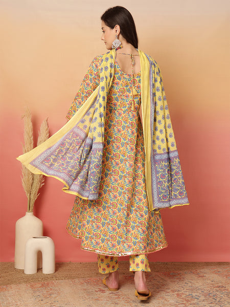 ANAISA Women Mustard Cotton Printed V-neck, Calf Length, 3/4 Sleeves, Anarkali Kurta with Pant & Dupatta