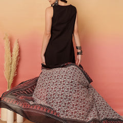 ANAISA Women Black Solid V-neck, Sleeveless, Calf Length Straight Fit Kurta with Palazzo & Dupatta