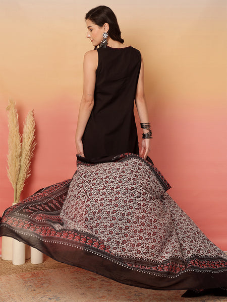 Women Black Solid V-neck, Sleeveless, Calf Length Straight Fit Kurta with Palazzo & Dupatta