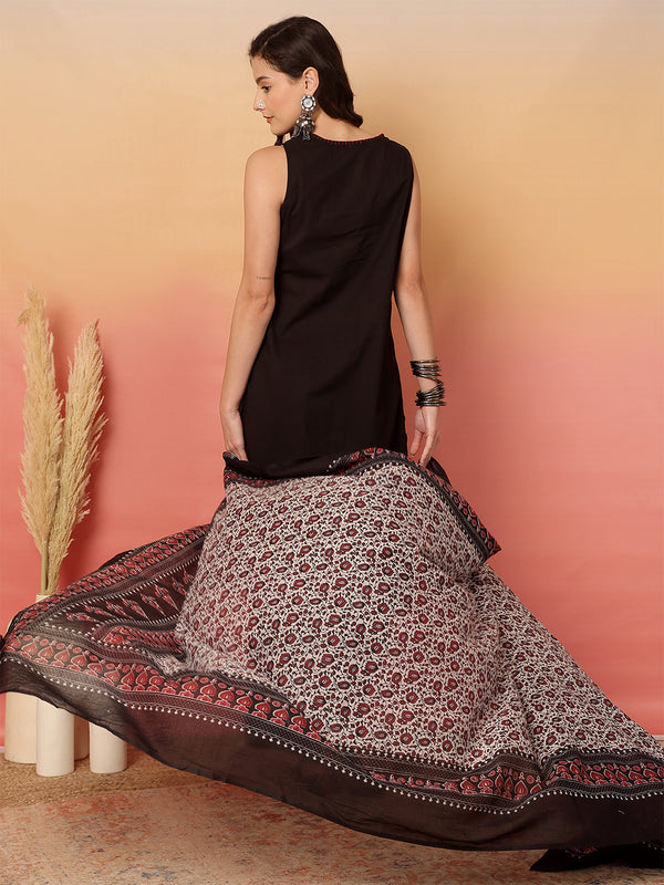 ANAISA Women Black Solid V-neck, Sleeveless, Calf Length Straight Fit Kurta with Palazzo & Dupatta