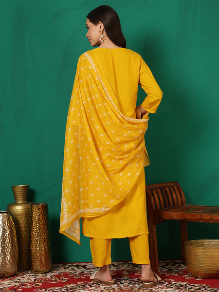 Women Mustard Discharge Printed A-line Kurta with Dupatta