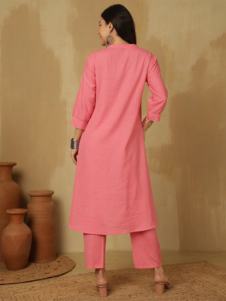 Women Solid Cotton Flex A-line Pocket Kurta with Palazzo Set