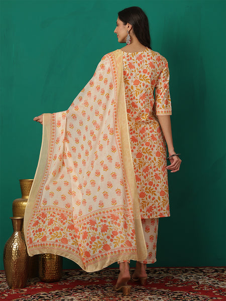 Women Orange Cotton Printed, V- Neck, 3/4 Sleeves, Calf Length Kurta with Trouser & Dupatta