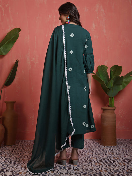 Women Cotton Teal Blue Anarkali Embroidery Kurta with Trouser & Dupatta