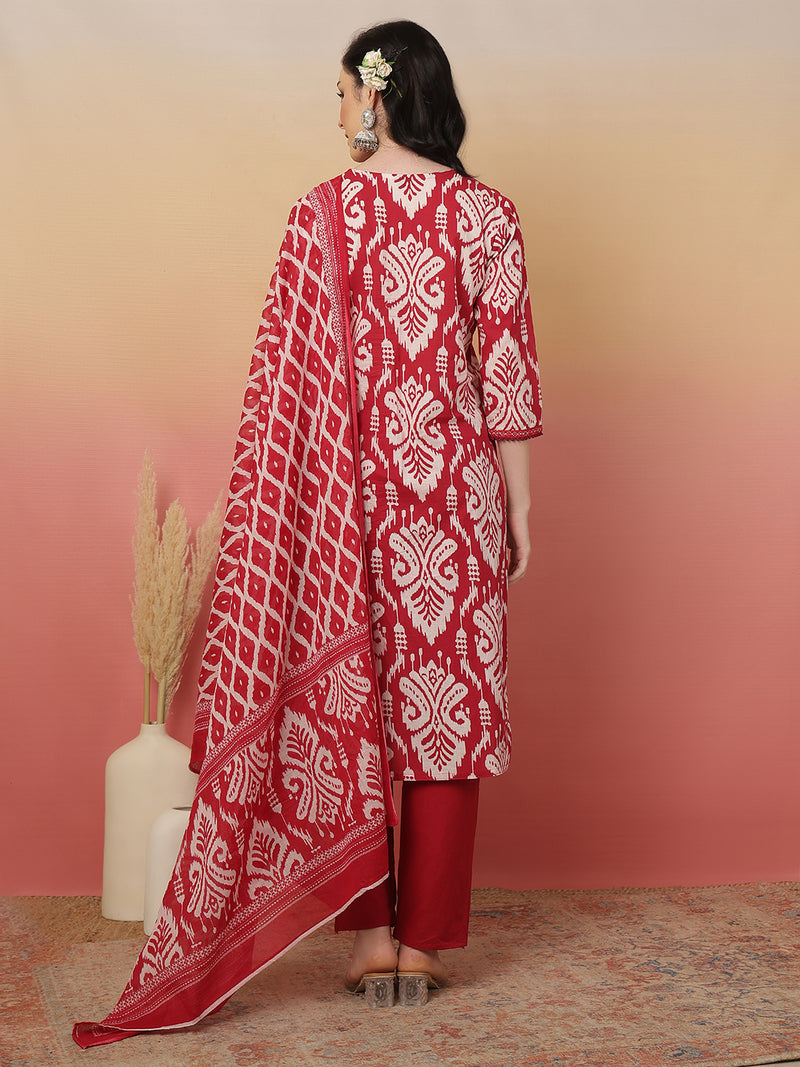 Sangira Women Cotton Printed V-neck, Straight Kurta with Trouser & Dupatta