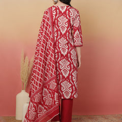 Sangira Women Cotton Printed V-neck, Straight Kurta with Trouser & Dupatta