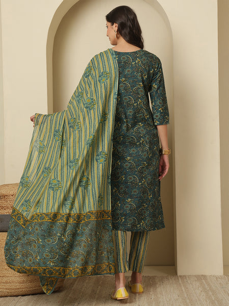 Cotton Green Printed V-neck Kurta with Trouser & Dupatta