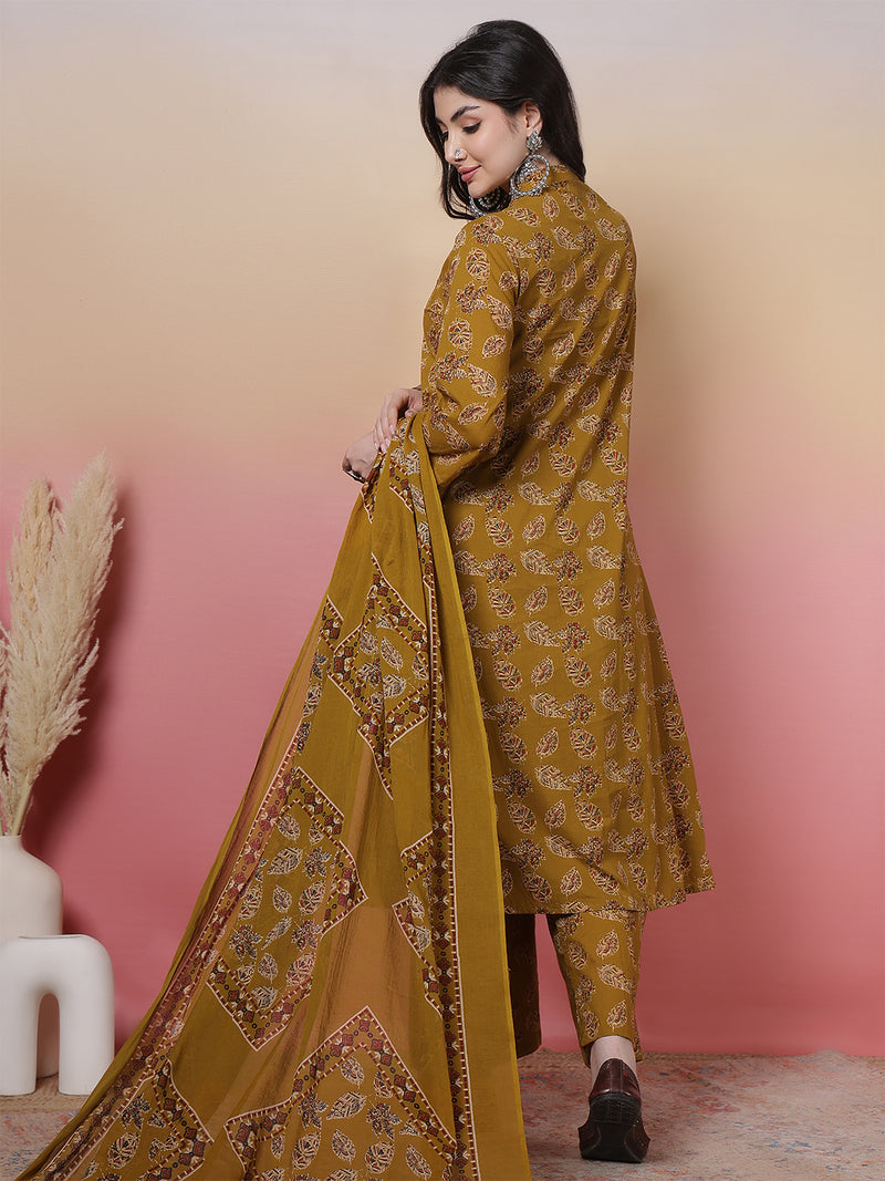 Women Green Floral Printed Hand Work Anarkali Kurta with Trouser & Dupatta