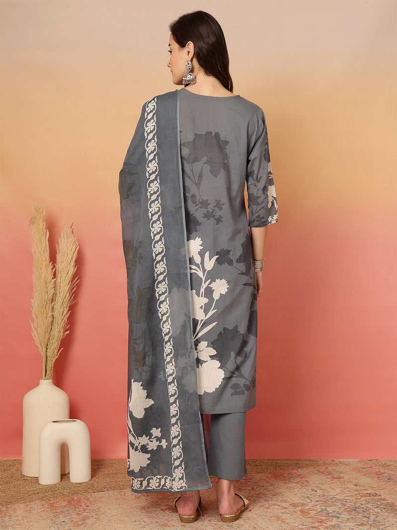 Women Cotton Printed Patch Work Kurta with Trouser & Dupatta
