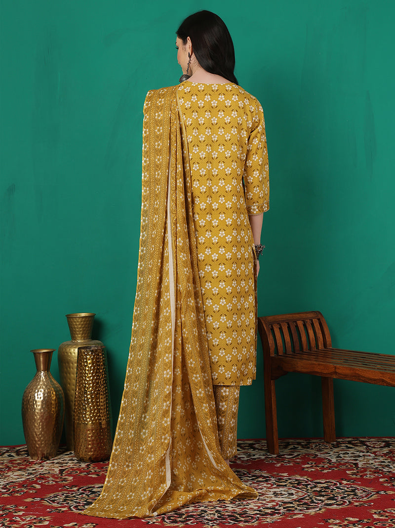 ANAISA Women Viscose Rayon Round Neck, Calf Length, Printed Kurta with Trouser & Dupatta