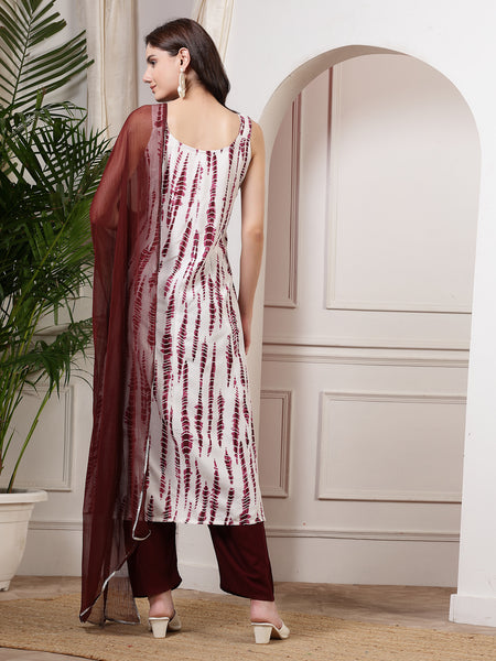 Women Wine Tie_Die Printed A_Line Kurta With Solid Bottom And Dupatta