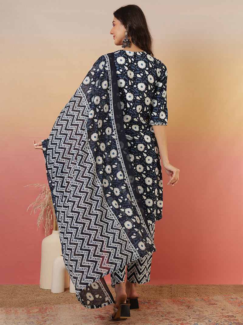 Women Floral Printed Blue Kurta With Trouser & Dupatta
