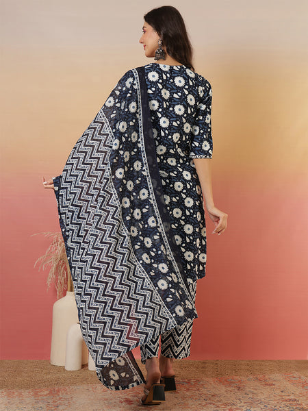Women Floral Printed Blue Kurta With Trouser & Dupatta