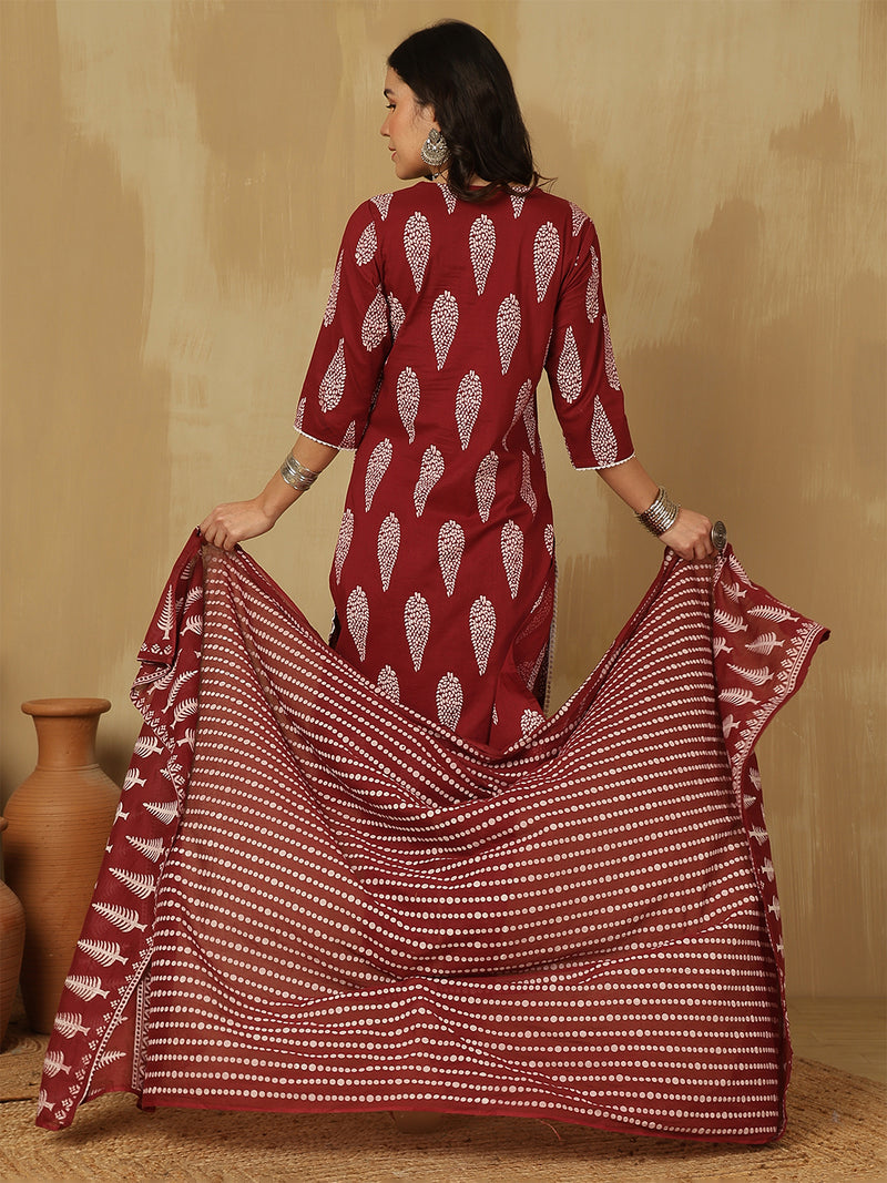 Women Wine Regular Wear Kurta With Trouser & Dupatta