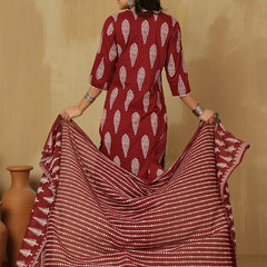 Women Wine Regular Wear Kurta With Trouser & Dupatta