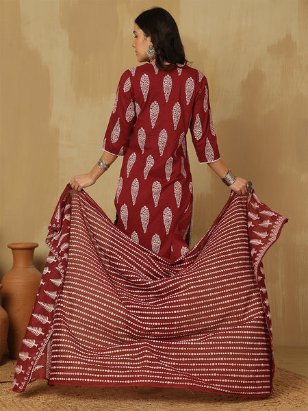 Women Wine Regular Wear Kurta With Trouser & Dupatta
