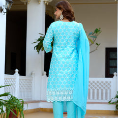 ANAISA Women cotton Schiffli embroidered Kurta with Trouser & Dupatta