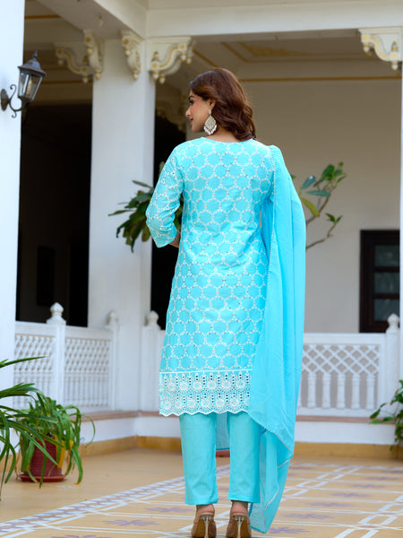Women cotton Schiffli embroidered Kurta with Trouser & Dupatta