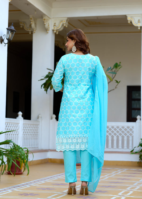 ANAISA Women cotton Schiffli embroidered Kurta with Trouser & Dupatta