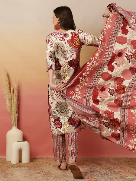 Women Red Digital Printed Kurta With Trouser & Dupatta