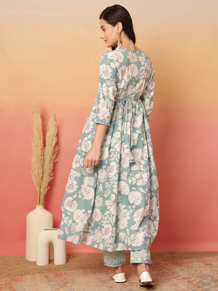 ANAISA Women Cotton Light Blue Floral Printed V-neck,Calf Length  Anarkali Kurta with Pant