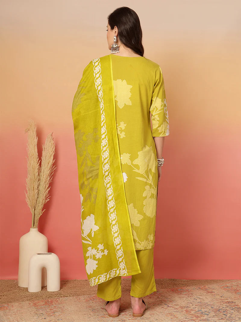Women Cotton Printed Patch Work Kurta with Trouser & Dupatta