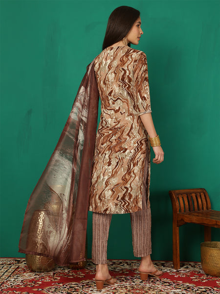 Women Brown Yoke Embroidery Kurta with Trouser & Dupatta