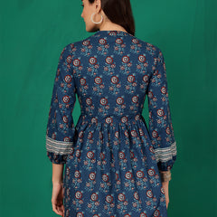 ANAISA Women Cotton Blue Printed Fit & Flare Summer Top