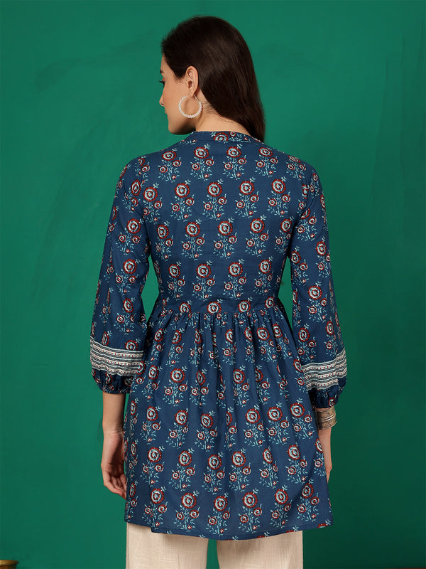 ANAISA Women Cotton Blue Printed Fit & Flare Summer Top