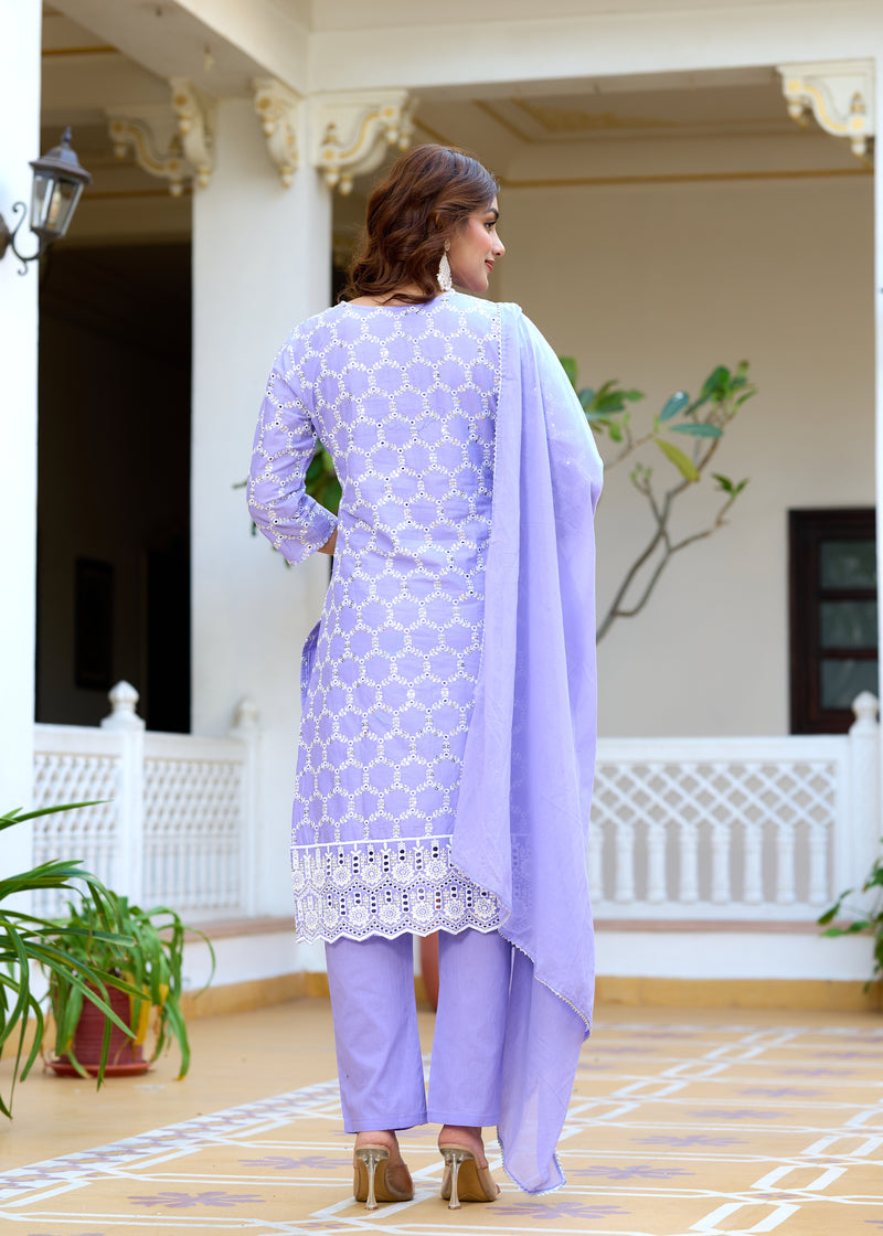 ANAISA Women cotton Schiffli embroidered Kurta with Trouser & Dupatta