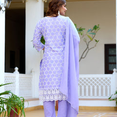 ANAISA Women cotton Schiffli embroidered Kurta with Trouser & Dupatta