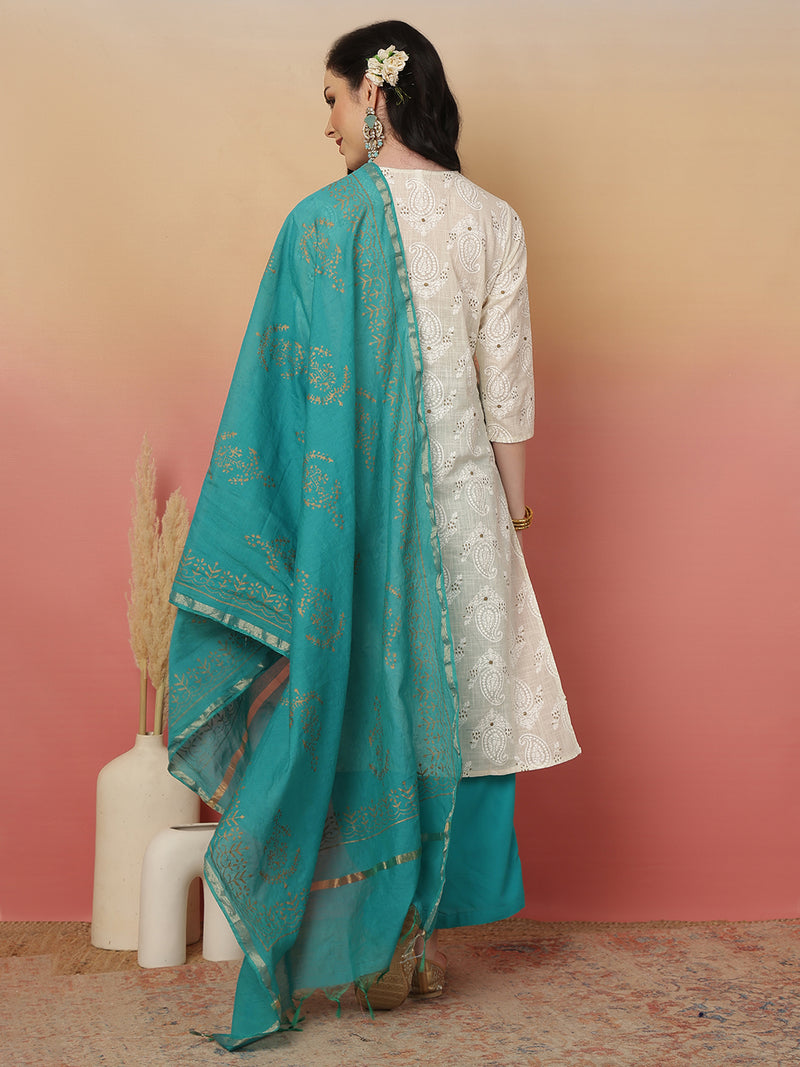 ANAISA Women Cotton Flex White Embroidery Kurta with Turquoise blue Palazzo with Dupatta