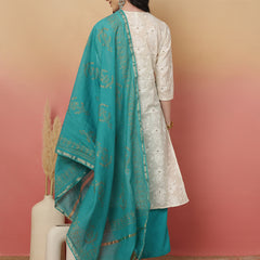 ANAISA Women Cotton Flex White Embroidery Kurta with Turquoise blue Palazzo with Dupatta