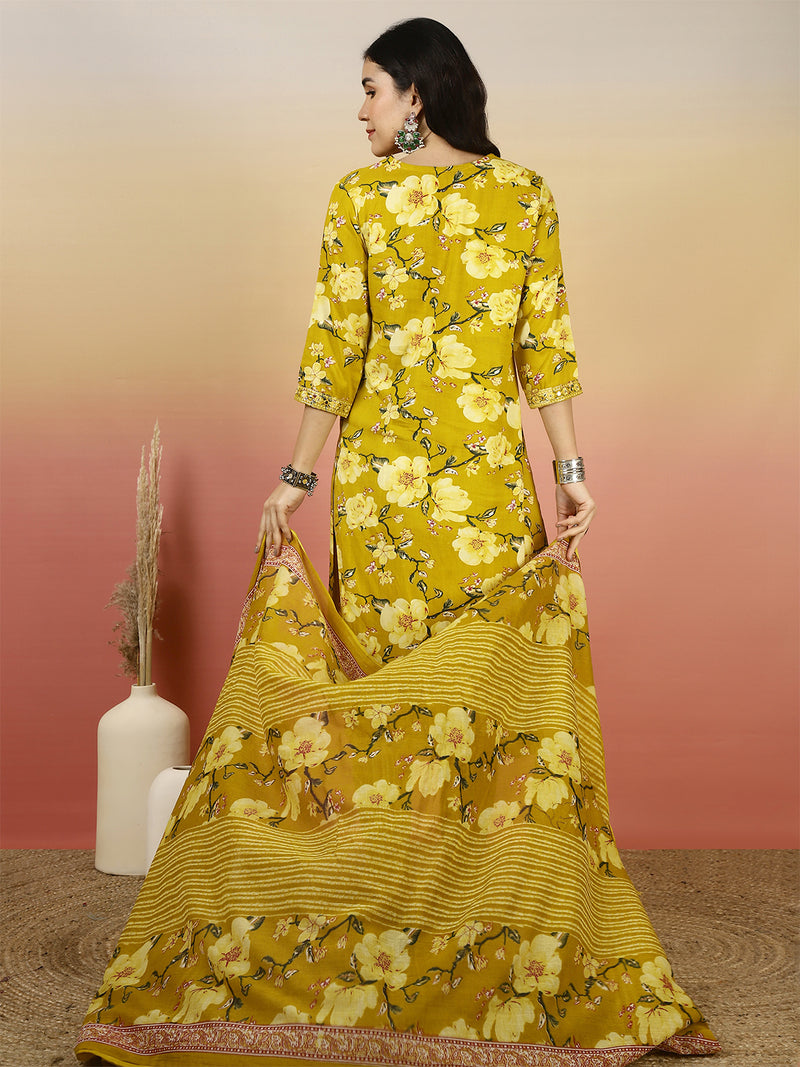 Women Yellow Floral Printed Yoke Embroidery V-neck Kurta with Trouser & Dupatta