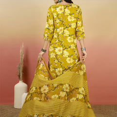 Women Yellow Floral Printed Yoke Embroidery V-neck Kurta with Trouser & Dupatta