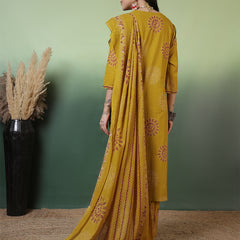 Women Pure Cotton Mustard Hand Work Yoke Printed Kurta with Trouser & Dupatta