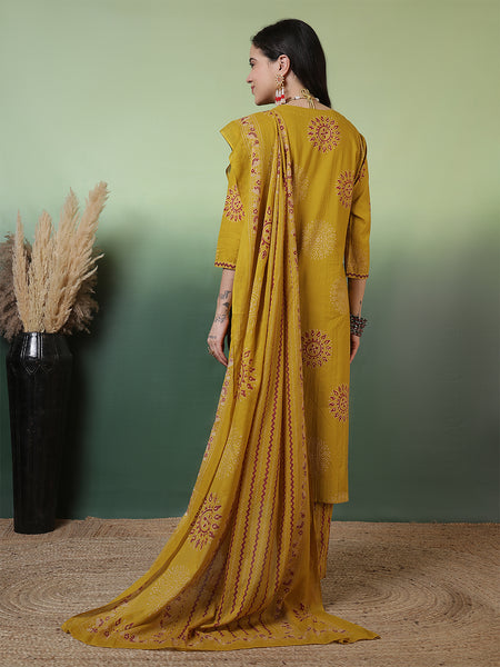Women Pure Cotton Mustard Hand Work Yoke Printed Kurta with Trouser & Dupatta