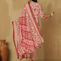 Women Pink Cotton Printed Kurta with Trouser & Dupatta