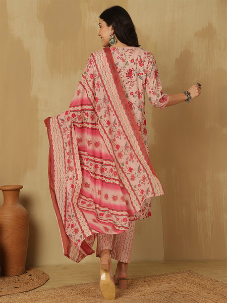 Women Pink Cotton Printed Kurta with Trouser & Dupatta
