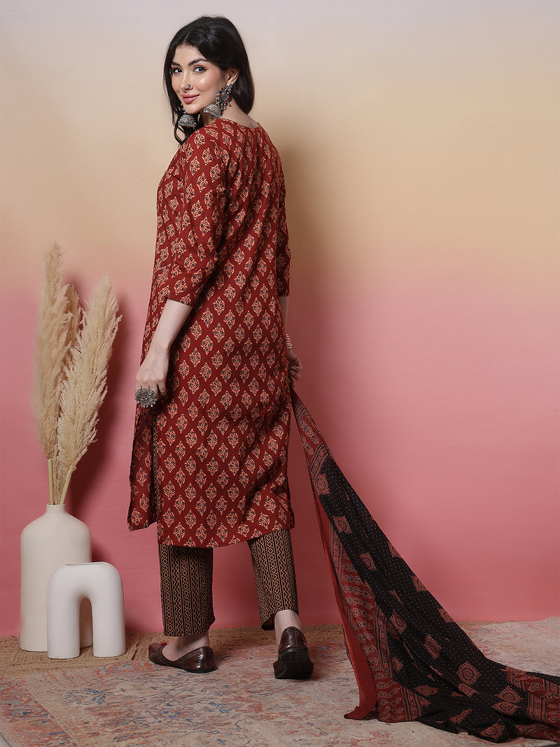 Women Black Cotton Hand Block Printed Kurta with Trouser & Dupatta