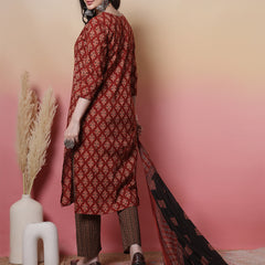 Women Black Cotton Hand Block Printed Kurta with Trouser & Dupatta