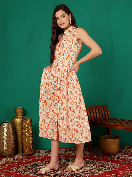 ANAISA Women Printed Cotton Sleeveless, Collar Neck, Calf Length Midi Summer Dress