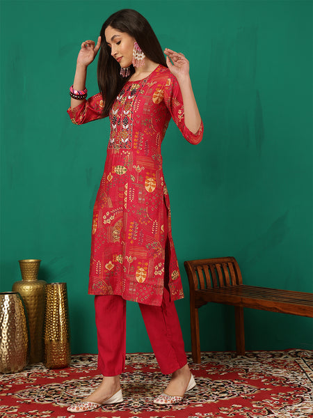 Women Red Yoke Embroidery Kurta with Trouser & Dupatta