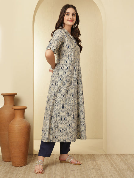 Blue & White Floral Printed Anarkali Kurta with Trouser