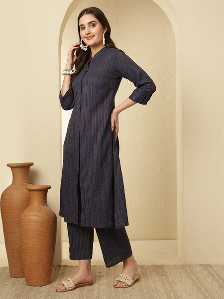 Blue Katha Striped Printed A-line Kurta with Trouser